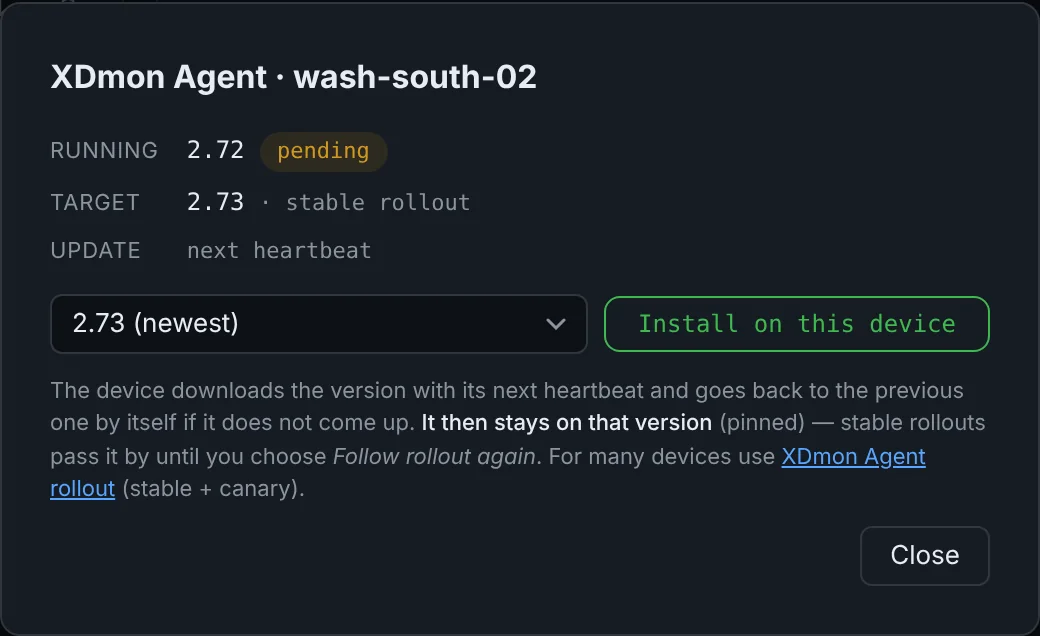XDmon Agent dialog for one device: running 2.72, target 2.73, Install on this device