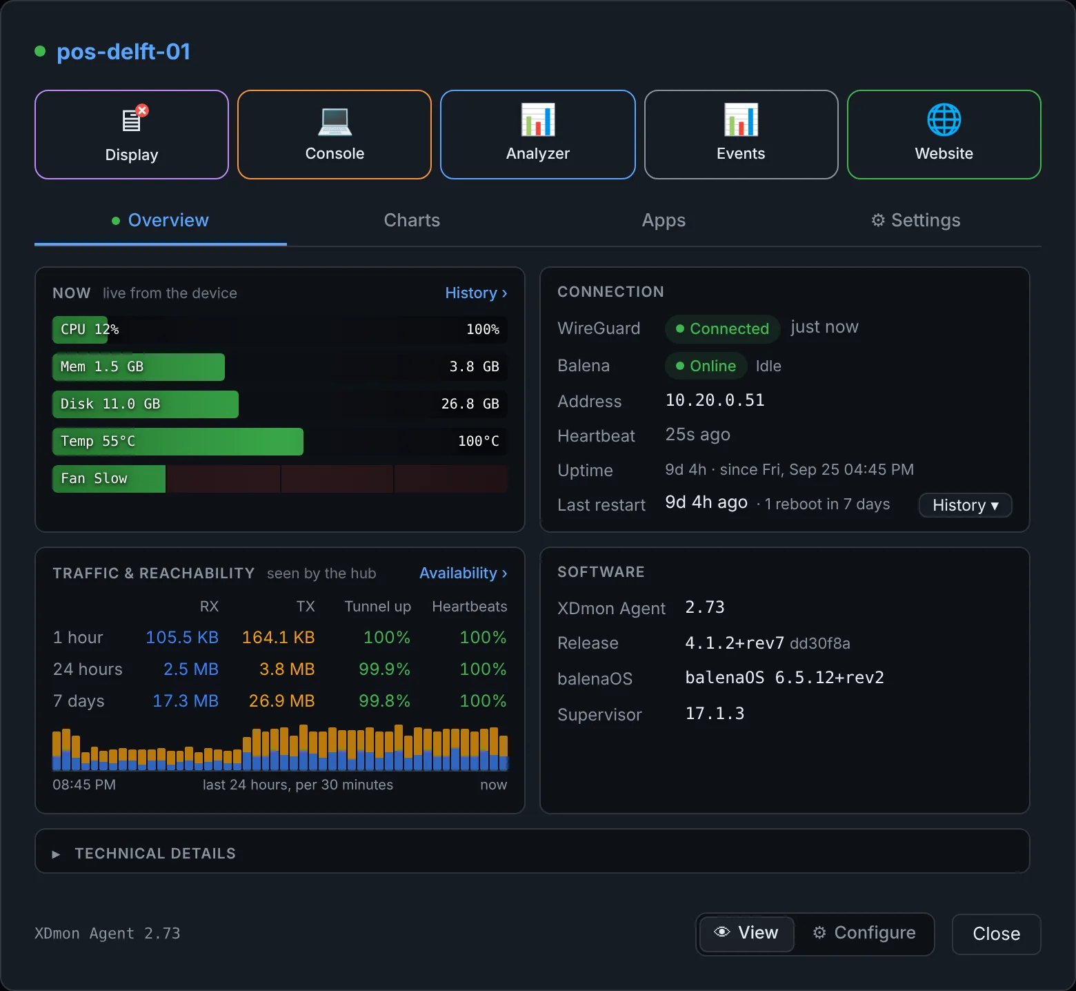 Device window for a Balena device with Balena status, release, balenaOS and supervisor