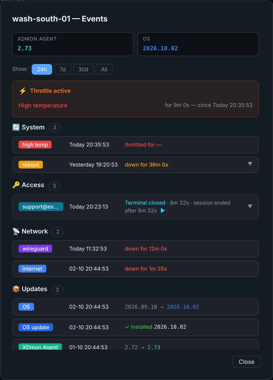 Events window with an active throttle alert, system events, access entries, network outages and updates