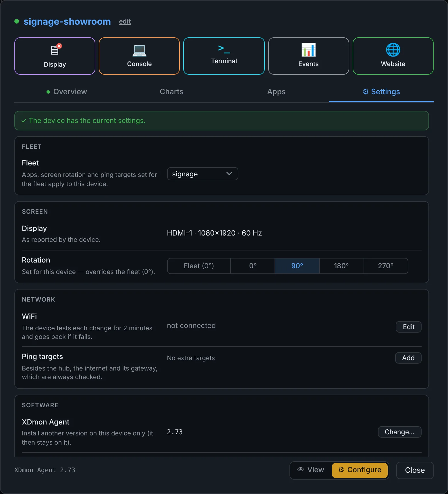 Settings tab in Configure mode with a fleet picker and rotation buttons