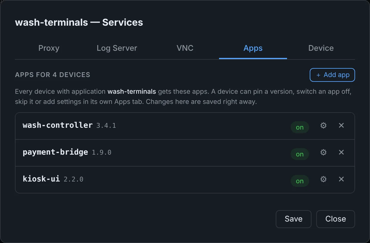 Fleet services Apps tab with three apps for four devices
