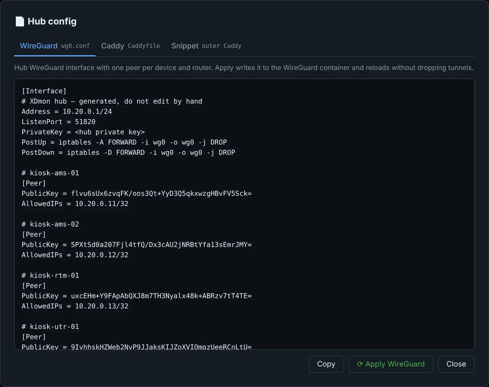 Hub config window with tabs WireGuard, Caddy and Snippet, showing the generated wg0.conf