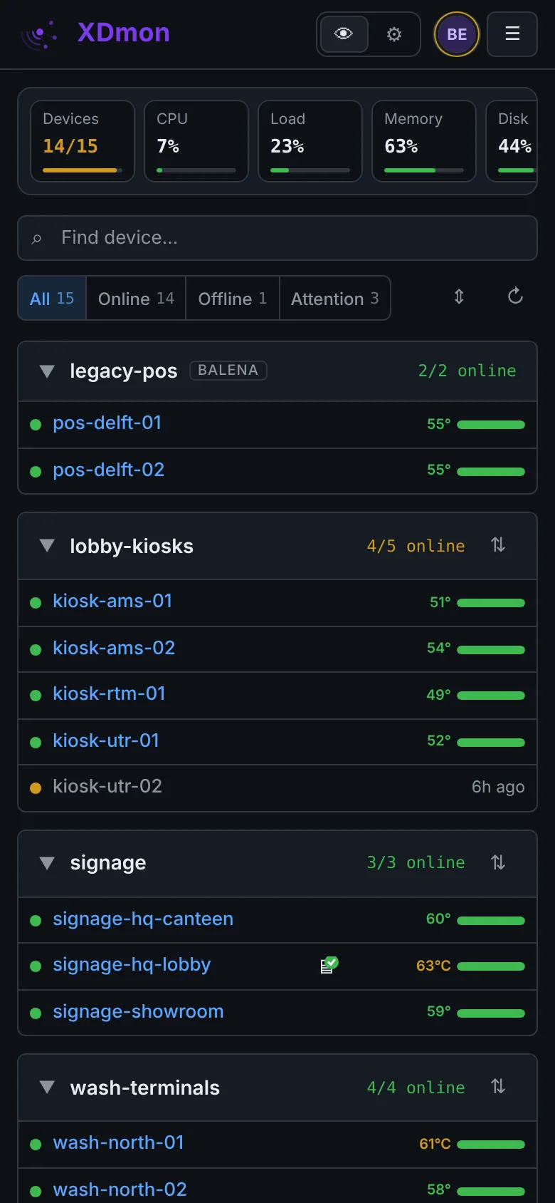 XDmon dashboard at phone width