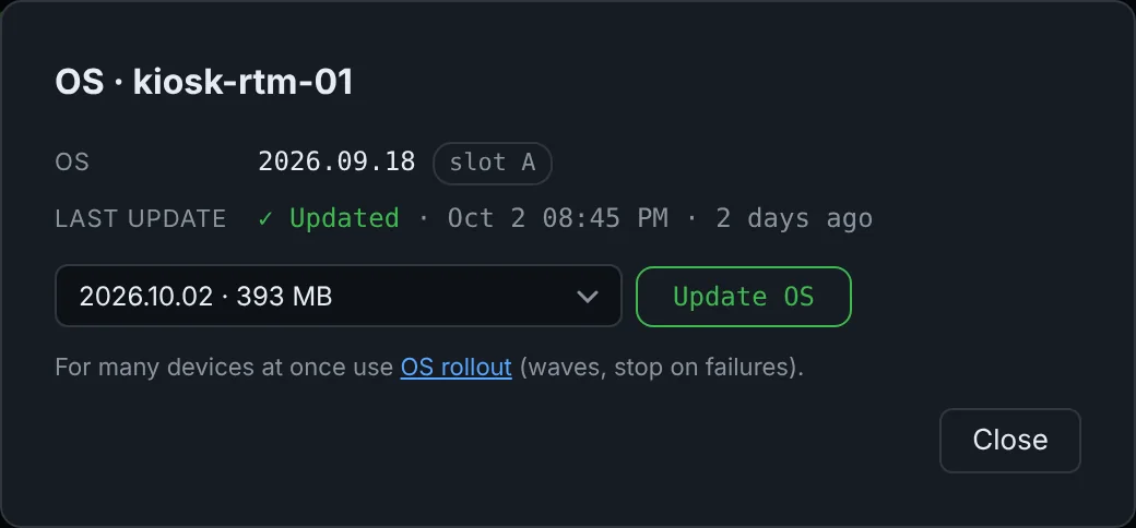 OS dialog for one device: version 2026.09.18 on slot A, choose 2026.10.02 and Update OS