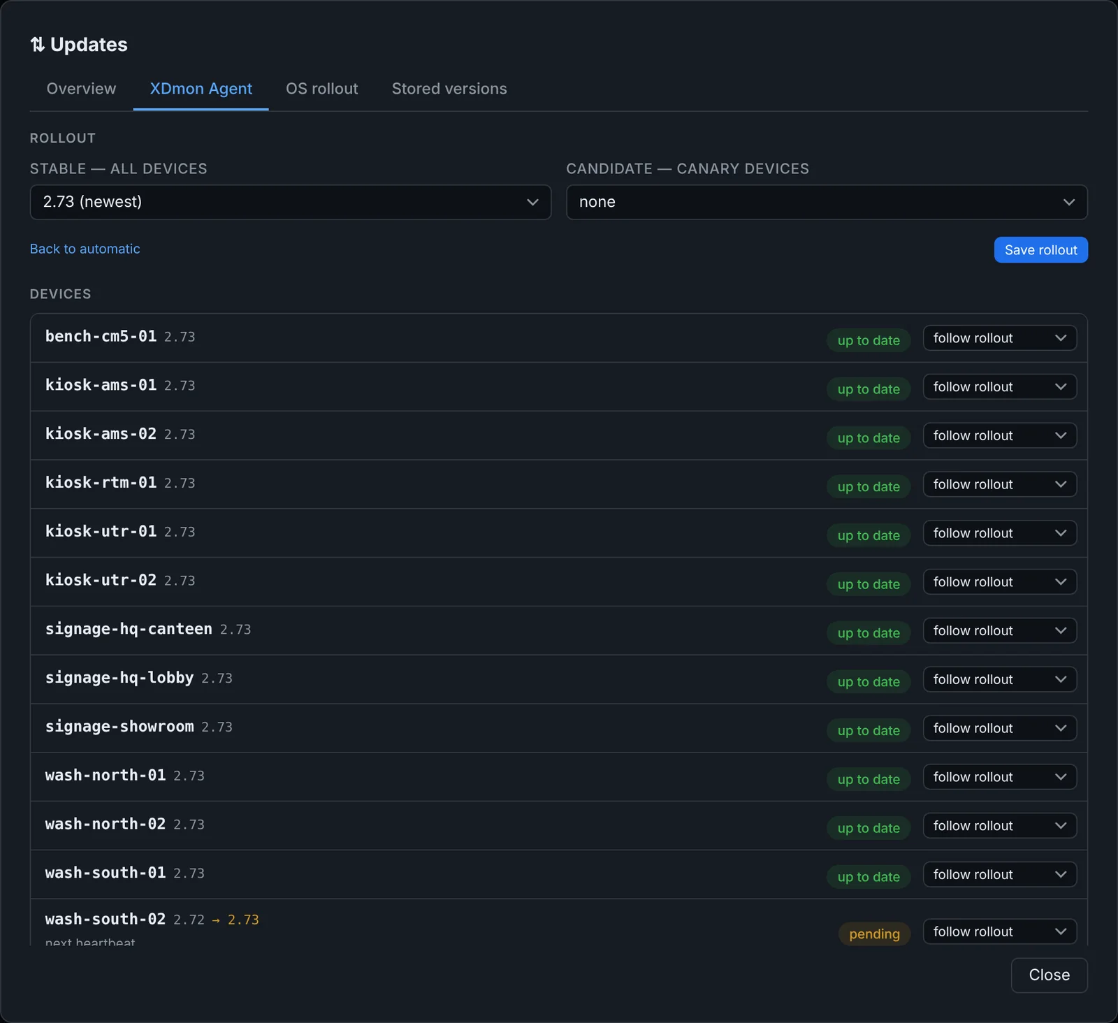 XDmon Agent tab with stable and candidate selectors and the device list